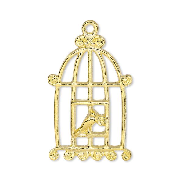 Focal, gold-finished "pewter" (zinc-based alloy), 30.5x20mm single-sided bird in cage. Sold per pkg of 4. image number 0