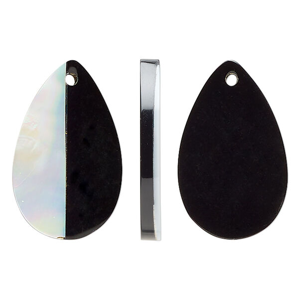 Focal, horn and mother-of-pearl shell (assembled), black and white, 35x22mm flat teardrop. Sold per pkg of 2. image number 0