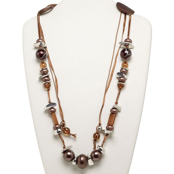Necklace, acrylic and satin ribbon, brown and silver, 10mm-35x26mm mixed shapes, waxed cotton cord adjustable up to 46-1/2 inches. Sold individually. image number 0