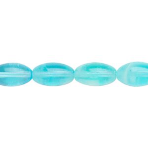 Bead, Czech glass, aqua blue with glow-in-the-dark swirls, 12x7mm oval. Sold per 8-inch strand, approximately 16-18 beads.