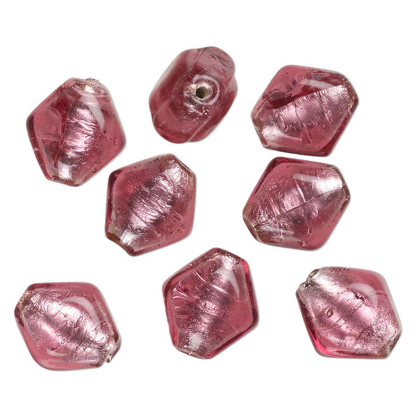 Bead, lampworked glass, opaque pink, 16x15mm-14x12mm puffed kite with silver-colored foil. Sold per pkg of 8. image number 0