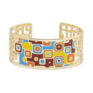 Bracelet, Avant-Garde Jewelry Collection™, cuff, enamel and gold-plated brass, multicolored, 30mm wide with cutout and geometric design, adjustable from 7-1/2 to 8 inches. Sold individually.