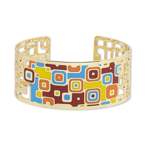 Bracelet, Avant-Garde Jewelry Collection™, cuff, enamel and gold-plated brass, multicolored, 30mm wide with cutout and geometric design, adjustable from 7-1/2 to 8 inches. Sold individually. image number 0