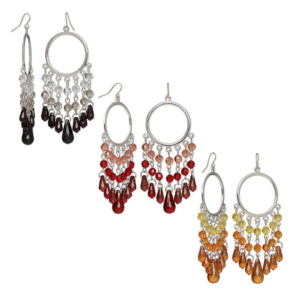 Earring, acrylic / imitation rhodium-plated steel / brass, assorted colors, 3-3/4 inches open round with fishhook ear wire. Sold per pkg of 3 pairs. image number 0