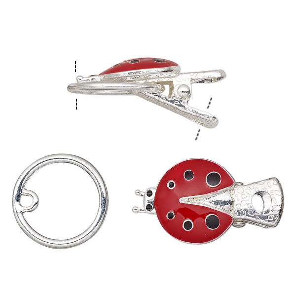 Clasp, alligator clip, enamel with silver-finished steel and "pewter" (zinc-based alloy), red and black, 21x17mm ladybug. Sold individually. image number 0