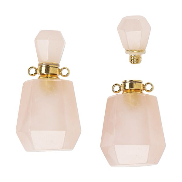 Rose quartz / brass 1pkg1, gold-finished hand-cut perfume bottle / 2 loops / threaded stopper natural 37x20mm image number 0