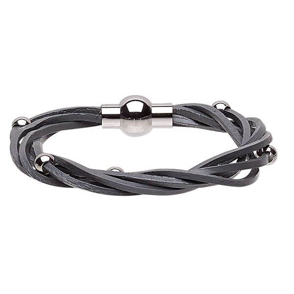 Bracelet, 5-strand, leather (dyed) and stainless steel, grey, 8mm wide twisted with 5mm round, 6-1/2 inches with magnetic clasp. Sold individually. image number 0