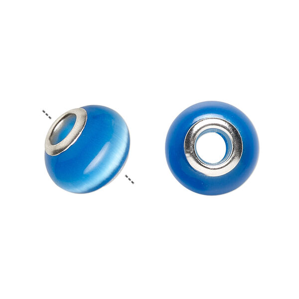 Bead, Dione®, cat's eye glass (fiber optic glass) and silver-plated brass grommets, blue, 13x10mm-14x10mm rondelle. Sold per pkg of 6. image number 0