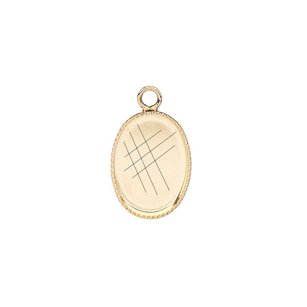 Drop, gold-plated brass, 15x11mm oval with beaded edge and 14x10mm oval bezel setting. Sold per pkg of 6. image number 0
