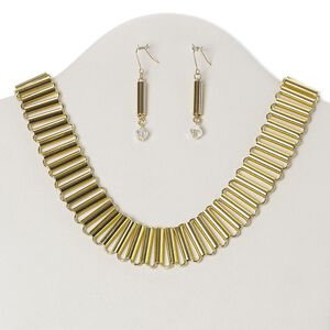 Necklace and earring set, glass / gold-finished brass / copper, clear, 24mm wide with tube, 17 inches with 3-inch extender chain and lobster claw clasp, 2-1/4 inch earrings with fishhook ear wire. Sold per set.