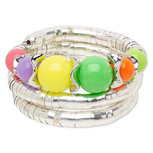 Bracelet, acrylic / steel memory wire / imitation rhodium-coated plastic / imitation rhodium-finished steel, multicolored, 38mm wide with round, adjustable from 7-1/2 to 9 inches. Sold individually.