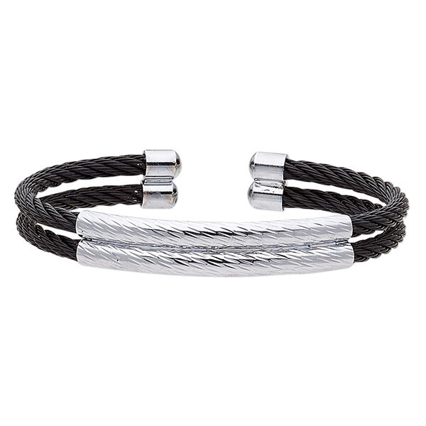 Bracelet, cuff, black- and silver-plated stainless steel, 10mm wide 2-row cable band, adjustable from 7-8 inches. Sold individually. image number 0
