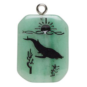 Focal 1pkg1 green aventurine / enamel / steel, 26x20-38x31mm single-sided freeform oval / whale / sun / waves / plants B grade, natural / silver finish