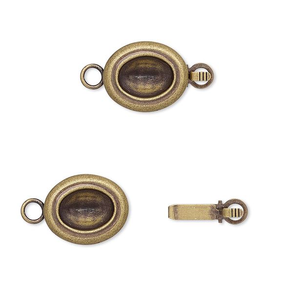 Clasp, Almost Instant Jewelry®, tab, antique gold-plated brass, 13x11mm oval with 8x6mm oval setting. Sold per pkg of 4. image number 0