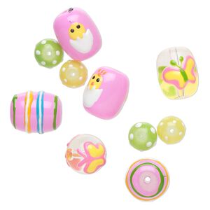 Bead, glass and epoxy, pink and multicolored, 9.5mm round / 14mm round / 18x14mm double-sided barrel with Easter-themed designs. Sold per pkg of 10.