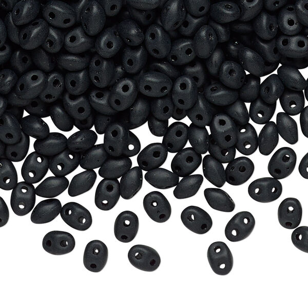 Bead, Preciosa Twin™, Pressed Twin, Czech pressed glass, matte black, 5x2.5mm oval with 2 holes. Sold per 10-gram pkg. image number 0