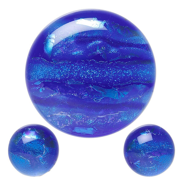 Cabochon, dichroic glass, blue and multicolored, 12mm and 30mm non-calibrated round. Sold per 3-piece set. image number 0