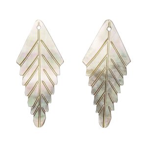 Focal, black lip shell (natural), 33x14mm hand-cut top-drilled single-sided carved leaf, Mohs hardness 3-1/2. Sold per pkg of 2.