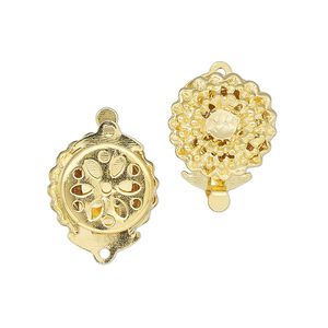 Clasp, tab, gold-finished brass, 15mm flower with 3mm round setting. Sold per pkg of 2.