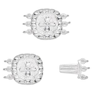 Clasp tab 1pkg1 sterling silver, 15mm flat square, 3-strand