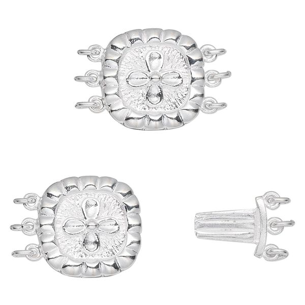 Clasp tab 1pkg1 sterling silver, 15mm flat square, 3-strand image number 0