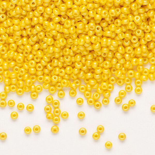 Seed bead, Preciosa Ornela Czech glass, pkg/500g, #11 rocaille, opaque PermaLux dyed dark yellow chalkwhite, (22002). image number 0