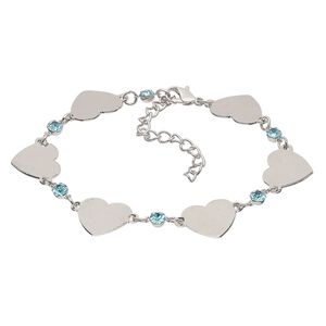 Bracelet, Egyptian glass rhinestone with imitation rhodium-plated steel and brass, blue, 14mm wide with 15x14mm flat heart, 7-1/2 inches with 2-inch extender chain and lobster claw clasp. Sold individually.