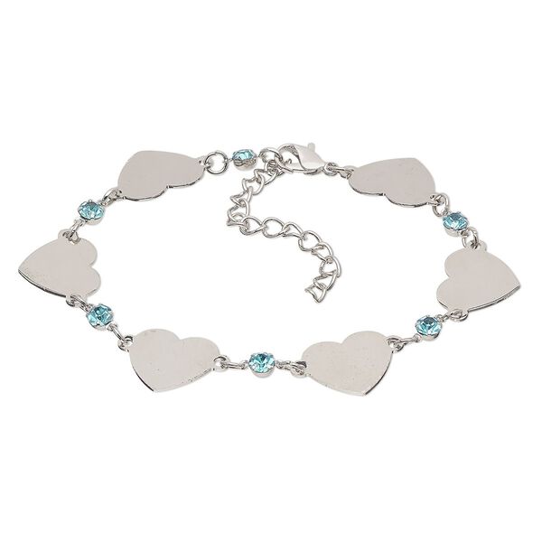 Bracelet, Egyptian glass rhinestone with imitation rhodium-plated steel and brass, blue, 14mm wide with 15x14mm flat heart, 7-1/2 inches with 2-inch extender chain and lobster claw clasp. Sold individually. image number 0