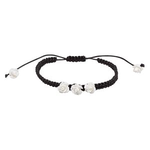 Bracelet, waxed cotton cord and resin, black and white, 10mm rose, adjustable from 7 to 9-1/2 inches with macramé knot closure. Sold individually.