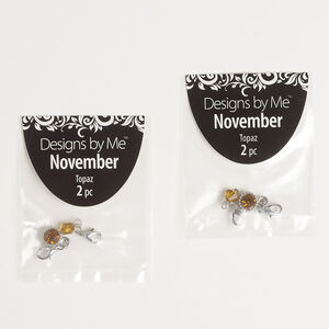 Drop assortment November 2pkg2, glass / antique silver-finished "pewter" (zinc alloy) / brass / steel, topaz, 22x7mm bicone with lobster claw clasp / 24x9mm round with lobster claw clasp.