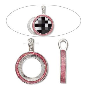 Pendant, Almost Instant Jewelry®, epoxy / crystals / imitation rhodium-finished "pewter" (zinc-based alloy), rose pink and crystal clear with glitter, 33x24mm single-sided with 20mm round setting. Sold individually.