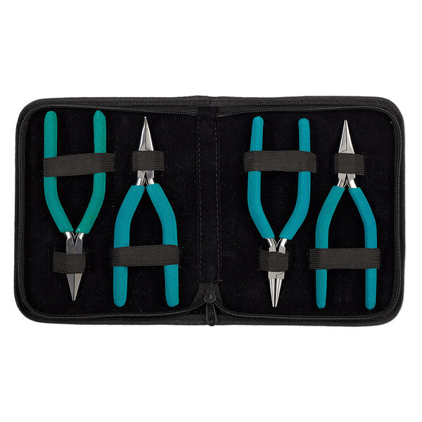 Pliers set, Wubbers®, pkg/set of 4, chain-nose / round-nose / bent chain-nose / flat-nose, stainless steel and rubber, teal green, 6.25 inches. image number 0