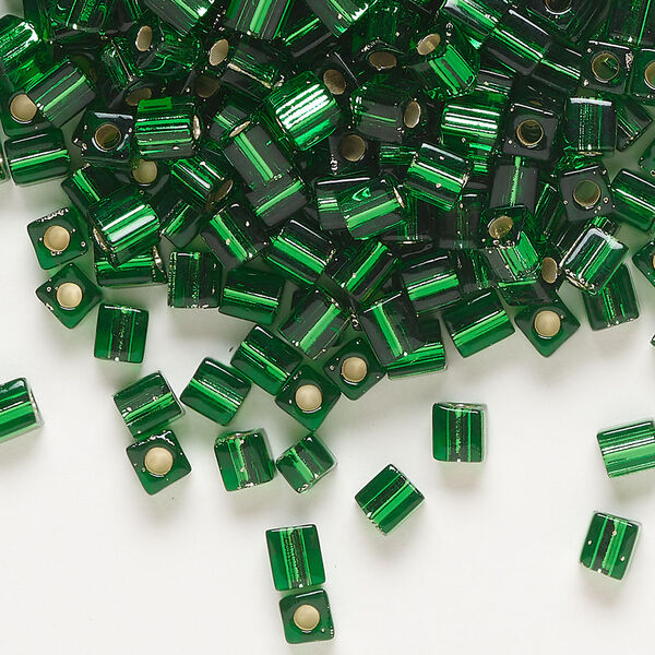Seed bead, Miyuki, glass, pkg/25g, 3.5-3.7mm square, transparent silver-lined green (SB-16). image number 0