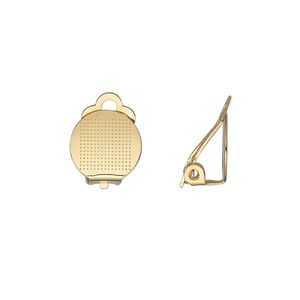 Earring clip-on 1pkg100 gold-plated, 11mm hinged / 11mm round flat pad, brass / steel 50 pair