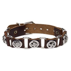 Bracelet, leather (dyed) / imitation rhodium-plated steel / antique silver-plated "pewter" (zinc-based alloy), brown, 21mm wide with 14mm round and cutout design, adjustable from 6 to 7-1/2 inches with buckle-style closure. Sold individually.