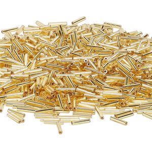Bead, Miyuki, bugle bead, glass, pkg/250 g, 9x1.9mm center-drilled, silver-lined translucent gold, (RBU-0003).