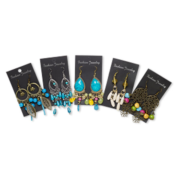 Earring mix, gold-finished / imitation rhodium- / antique brass-coated plated / steel / "pewter" (zinc-based alloy) / acrylic, mixed colors, 2-1/2 to 4-1/2 inch fishhook with mixed shapes. Sold per pkg of 5 pairs. image number 0