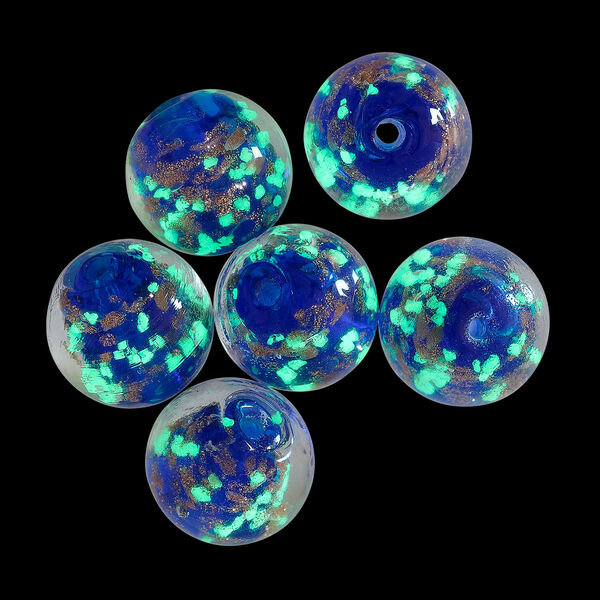 Bead, lampworked glass, clear / cobalt blue / glow-in-the-dark / gold, 12mm round. Sold per pkg of 6. image number 1