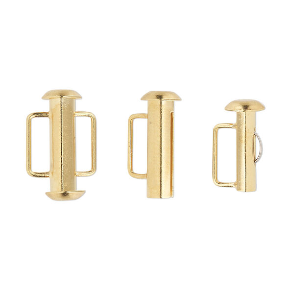 Clasp, slide lock, gold-plated brass, 16x6mm round tube. Sold per pkg of 4. image number 0