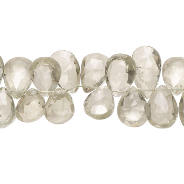 Bead, green quartz (heated), 10x7mm-12x8mm hand-cut top-drilled faceted puffed teardrop with 0.4-1.4mm hole, B grade, Mohs hardness 7. Sold per 7-inch strand. image number 0