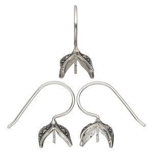 Ear wire, marcasite (natural) and antiqued sterling silver, 21.5mm fishhook with four leaves and 0.8mm twisted peg, fits 10-12mm half-drilled bead, 18 gauge. Sold per pair.