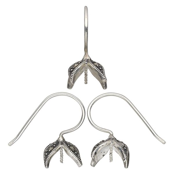 Ear wire, marcasite (natural) and antiqued sterling silver, 21.5mm fishhook with four leaves and 0.8mm twisted peg, fits 10-12mm half-drilled bead, 18 gauge. Sold per pair. image number 0