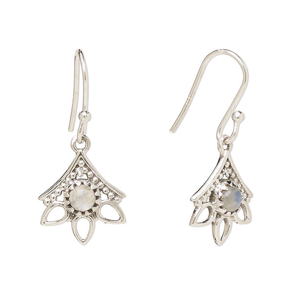 Ear wire, Create Compliments®, antiqued sterling silver and rainbow moonstone (natural), fishhook, 28mm with 14x12.5mm single-sided beaded open 3-teardrop, 21 gauge. Sold per pair. image number 0