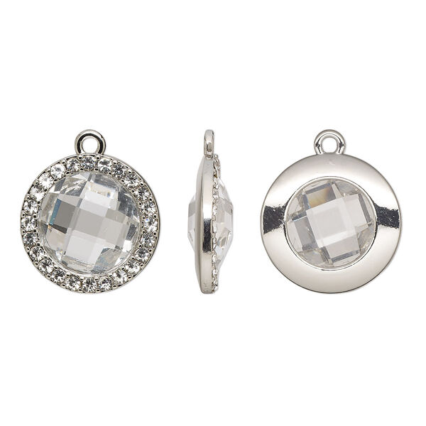 Drop, glass / glass rhinestone / imitation rhodium-finished "pewter" (zinc-based alloy), transparent clear, 19mm single-sided round. Sold per pkg of 2. image number 0