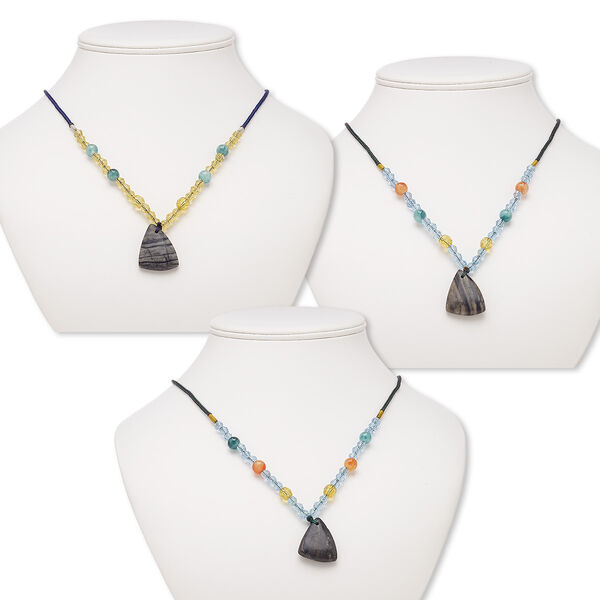 Component mix, Picasso marble / multi-gemstone (natural / dyed) / acrylic / nylon / glass, multicolored, 30x26x20mm-30x28x21mm triangle, 20-inch continuous loop. Sold per pkg of 3. image number 0