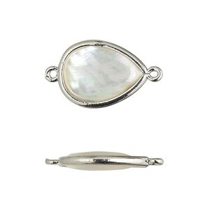 Link, mother-of-pearl shell and imitation rhodium-finished brass (assembled), 18.5x13.5mm-20x15mm double-sided teardrop. Sold per pkg of 4.
