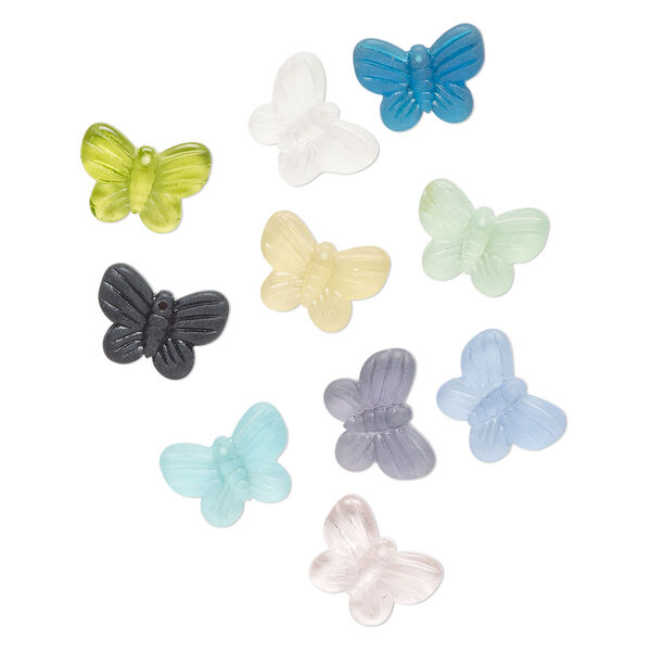 Drop mix, glass, pkg/10, translucent and transparent mixed colors, 19x13mm-19x14mm machine-cut top-drilled butterfly. image number 0