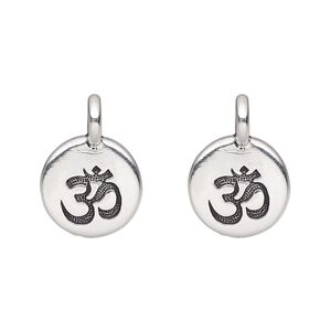 Drop, TierraCast®, antique silver-plated pewter (tin-based alloy), 11.5mm single-sided round with Om symbol. Sold per pkg of 2.