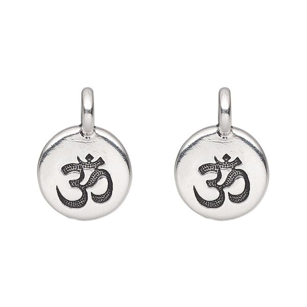 Drop, TierraCast®, antique silver-plated pewter (tin-based alloy), 11.5mm single-sided round with Om symbol. Sold per pkg of 2. image number 0