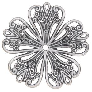 Focal, antique silver-plated steel, 42mm single-sided concave fancy flower with 2.5mm center hole. Sold per pkg of 6.